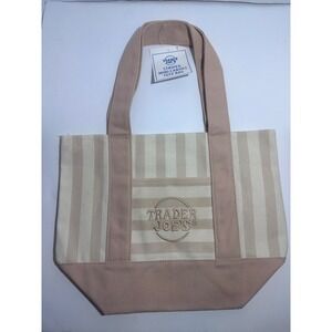 Trader Joes Striped Mini Canvas Tote Bag Cream Grocery Bag NWT